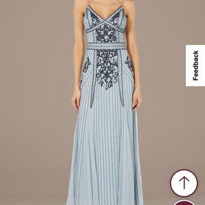 Jump Apparel Bead-Embellished Mesh Overlay Spaghetti Strap Gown
